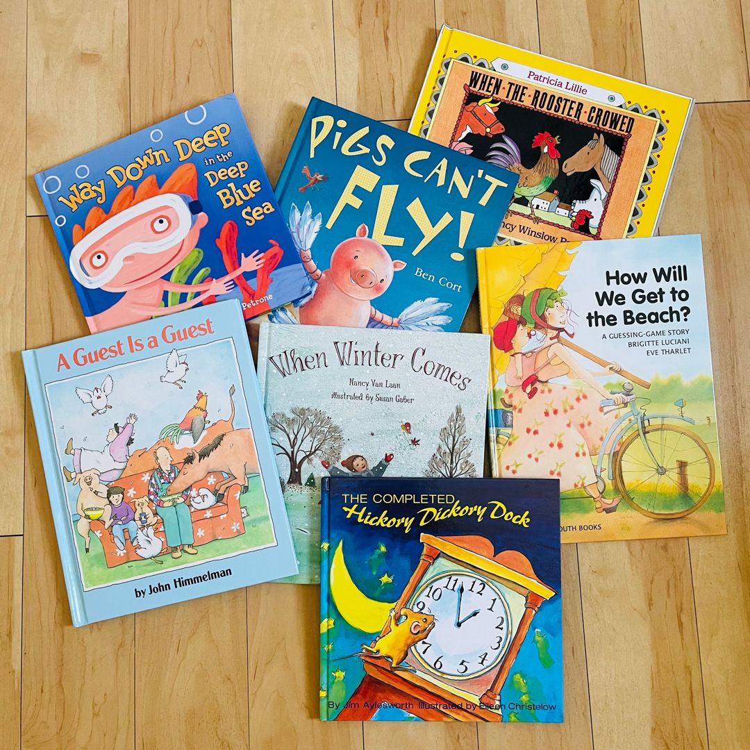 Children’s Book Bundle-Lot of 7; Pigs Can’t Fly, How Will We Get to the Beach, Hickory Dickory Dock, When Winter Comes, A Guest is a Guest, Way Down Deep, When the Rooster Crowed