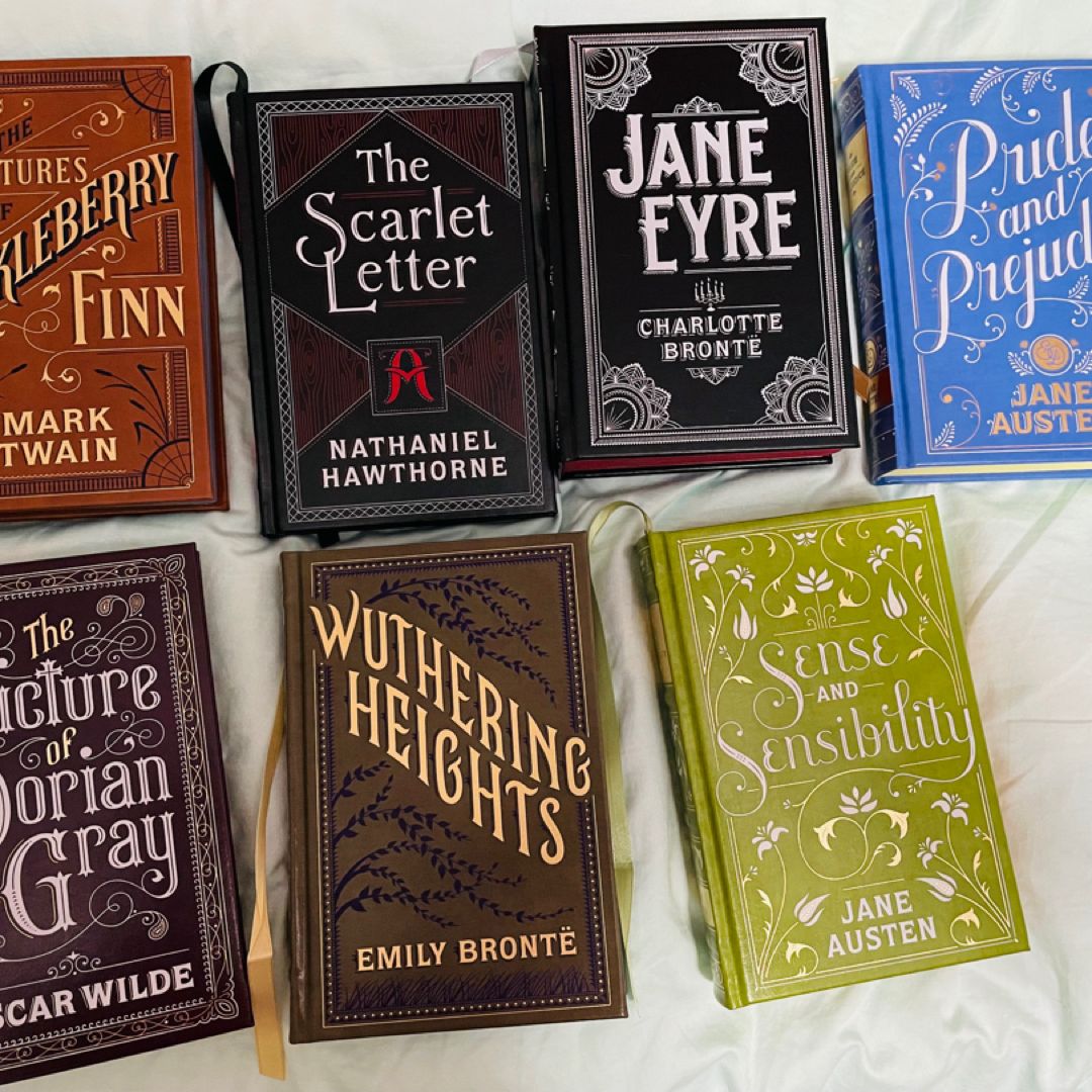 7 Barnes and noble limited edition leather bound hard cover classics. Withering heights, huckleberry Finn, pride & prejudice,