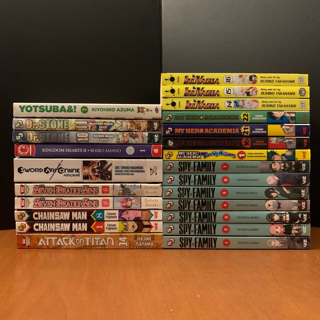 24 Manga Lot, Dr. Stone 10-11, Kingdom Hearts II 1, Sword Art Online Aincrad, Seven Deadly Sins 6, 8, Chainsaw Man 1, 8, Inuyasha 14-16, My Hero Academia 16, 21, 22, Spy x Family 1-7, more