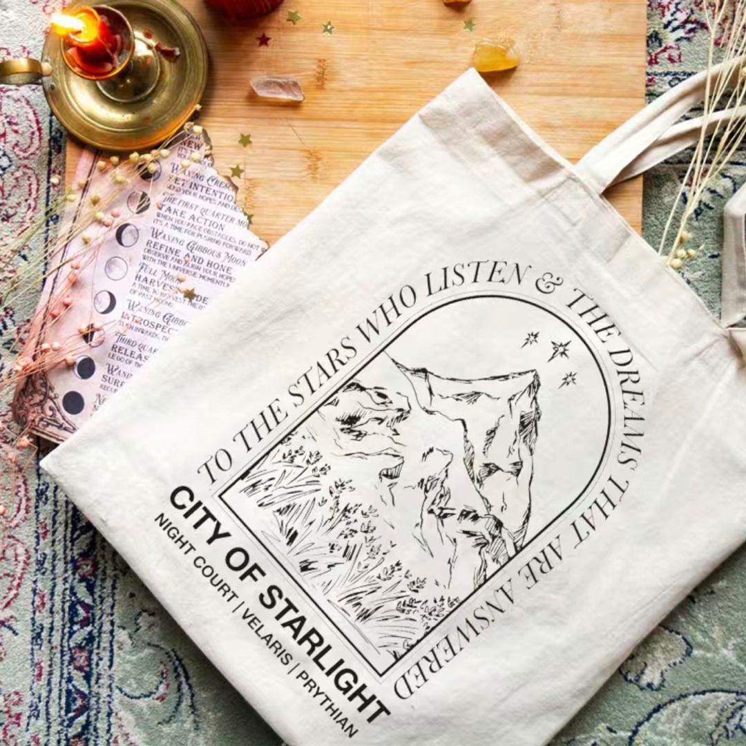 Acotar Velaris 1pc City Of Starlight Pattern Tote Bag, Canvas Shopping Bag, Eco-Friendly Portable Shoulder Bag, Large Capacity Tote Bag