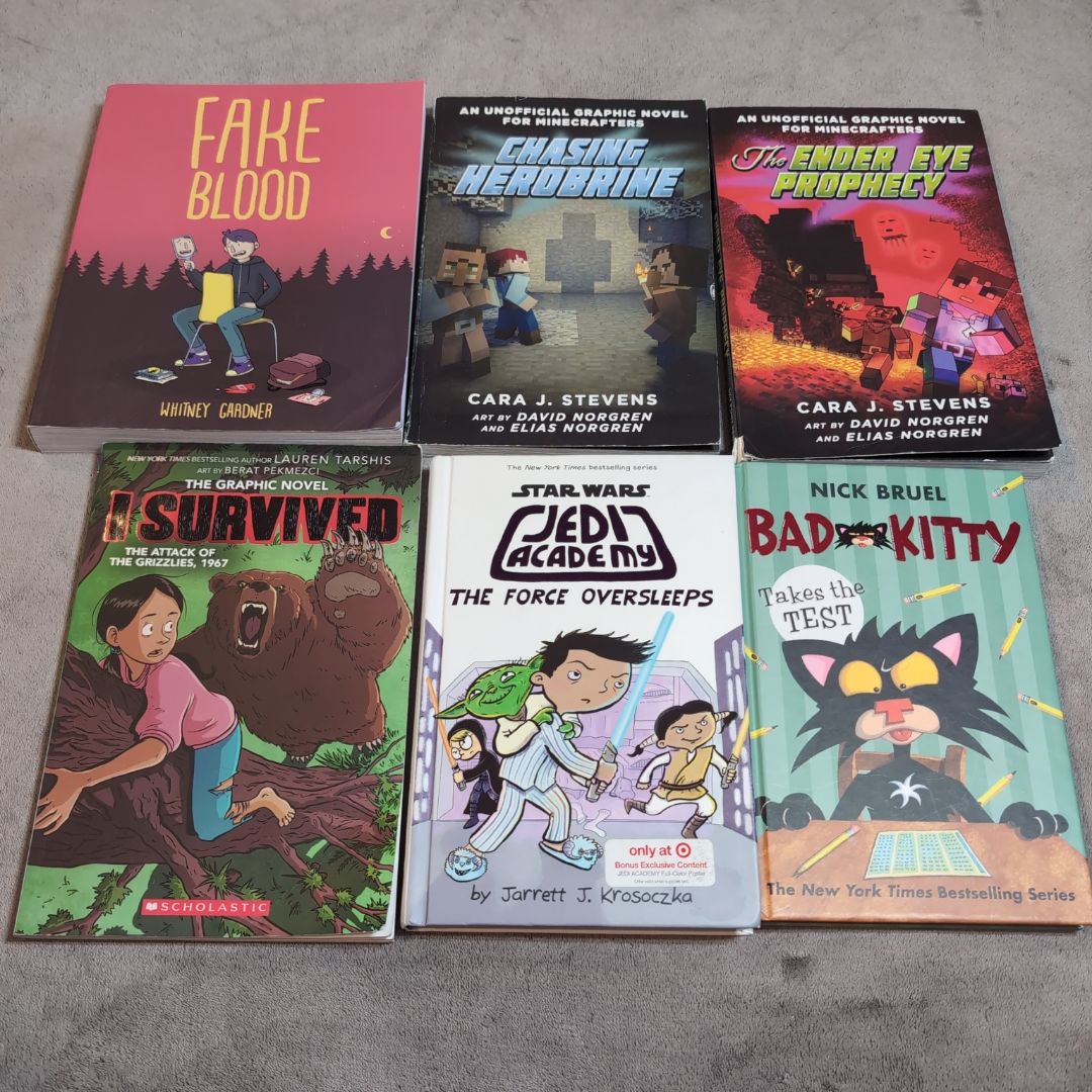 Young Readers bundle Ages 8-12 (ish) (6 books) Fake Blood, Minecraft Chasing Herobrine, Ender Eye Prophecy, I Survived, Star Wars Jedi Academy, Bad Kitty 