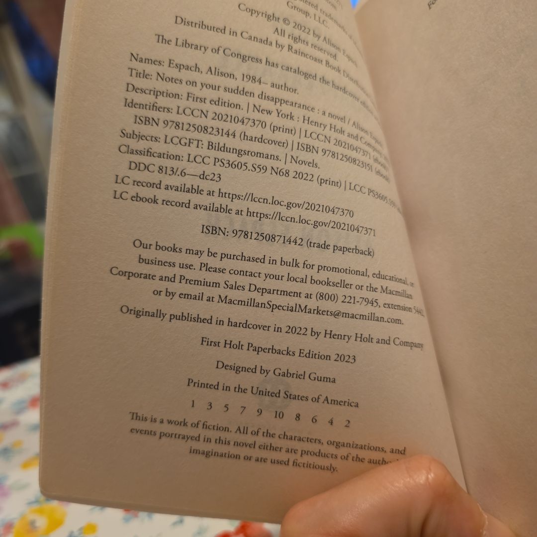 *First PB Edition & First Printing* Notes on Your Sudden Disappearance