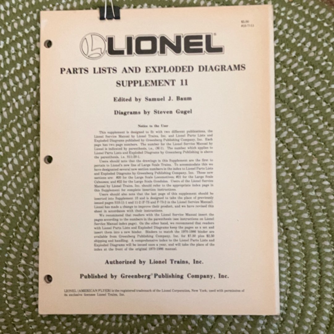 Lionel Parts Lists and Exploded Diagrams Supplement 11