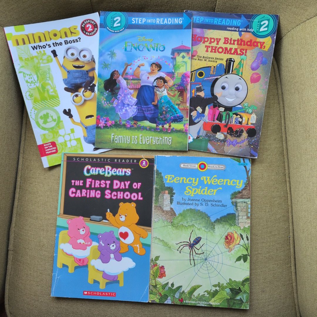 5 Easy Reader Level 2 Bundle: Vintage Care Bears, Eency Weency Spider, Encanto, Minions & Thomas the Train
