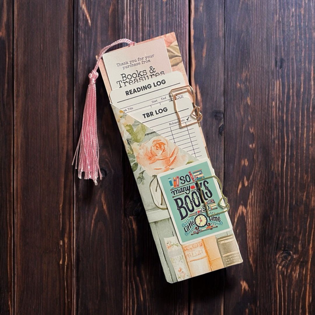 Bookmark Pouch + Reading Log & TBR Log - Pink Rose Bookshelf Design with Bookish Paperclips and Stickers Handmade