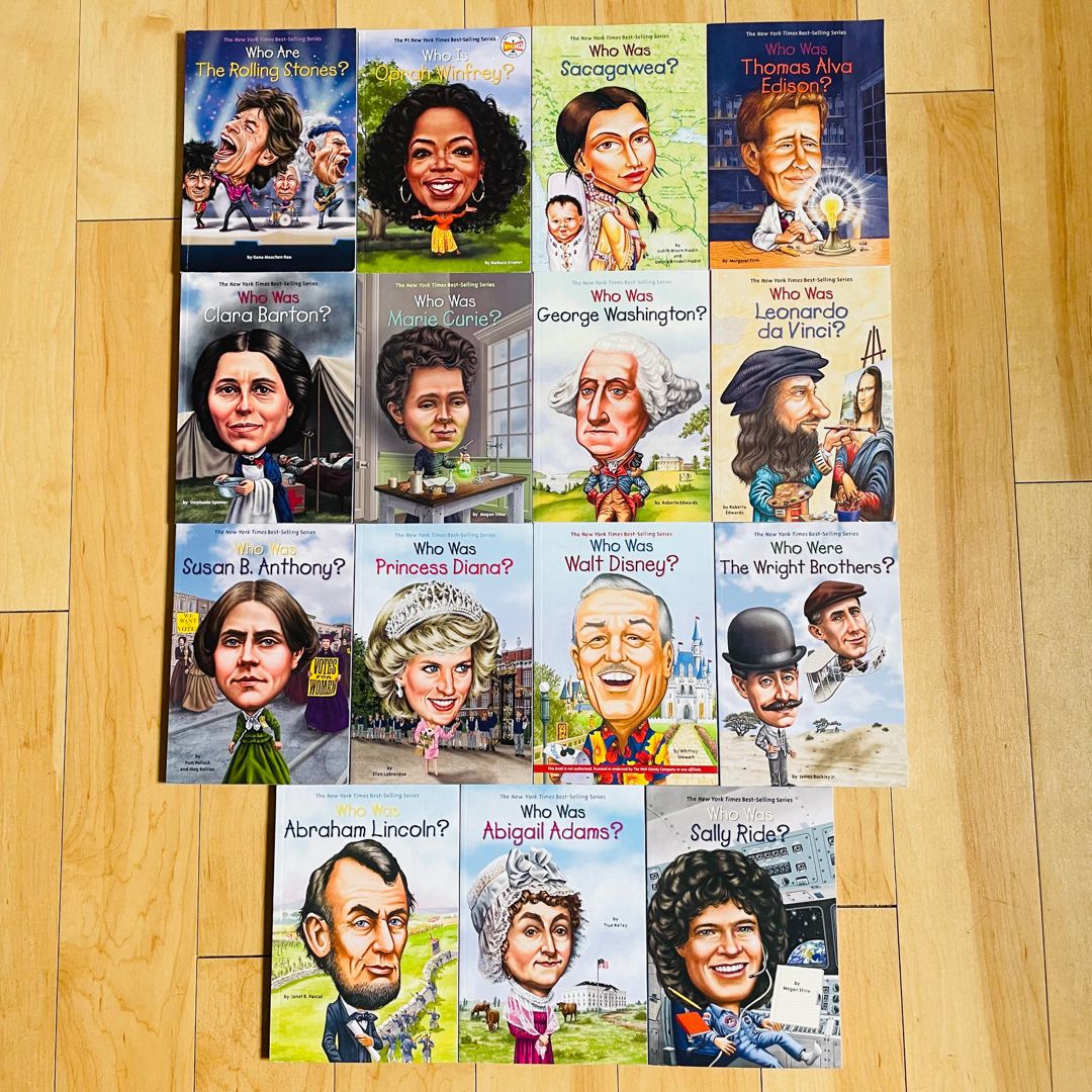 Who Was Bundle-Lot of 15; Stones, daVinci, Oprah, Sacagawea, Edison, Curie, Barton, Wright Brothers, Washington, Diana, Lincoln, Disney, Adams, Ride, Anthony