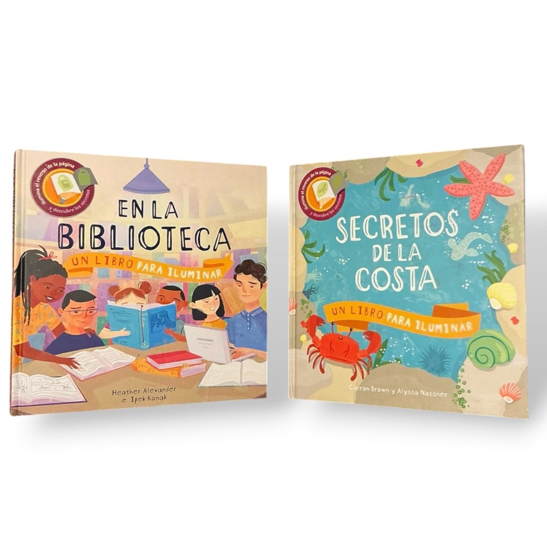 Spanish Children’s Book Lot: En La Biblioteca & Secretos De La Costa – Un Libro Para Iluminar 