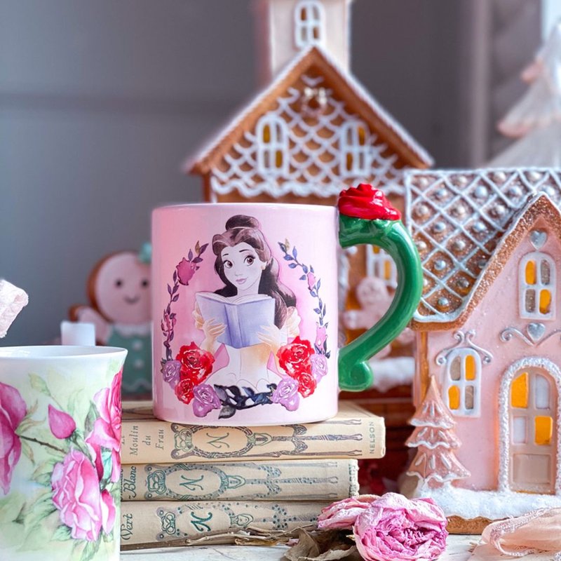 Pastel Pink Belle Reading A Book Mug with Rose Handle Disney Beauty and the Beast