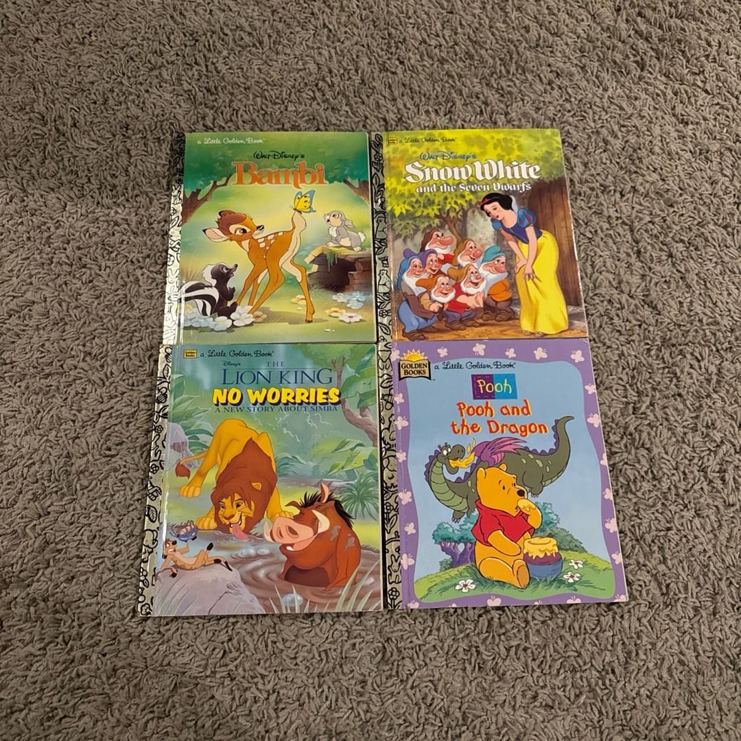 Vintage 90s Disney Golden Books: Bambi, Snow White, Pooh and the Dragon, Lion King No Worries lot of 4