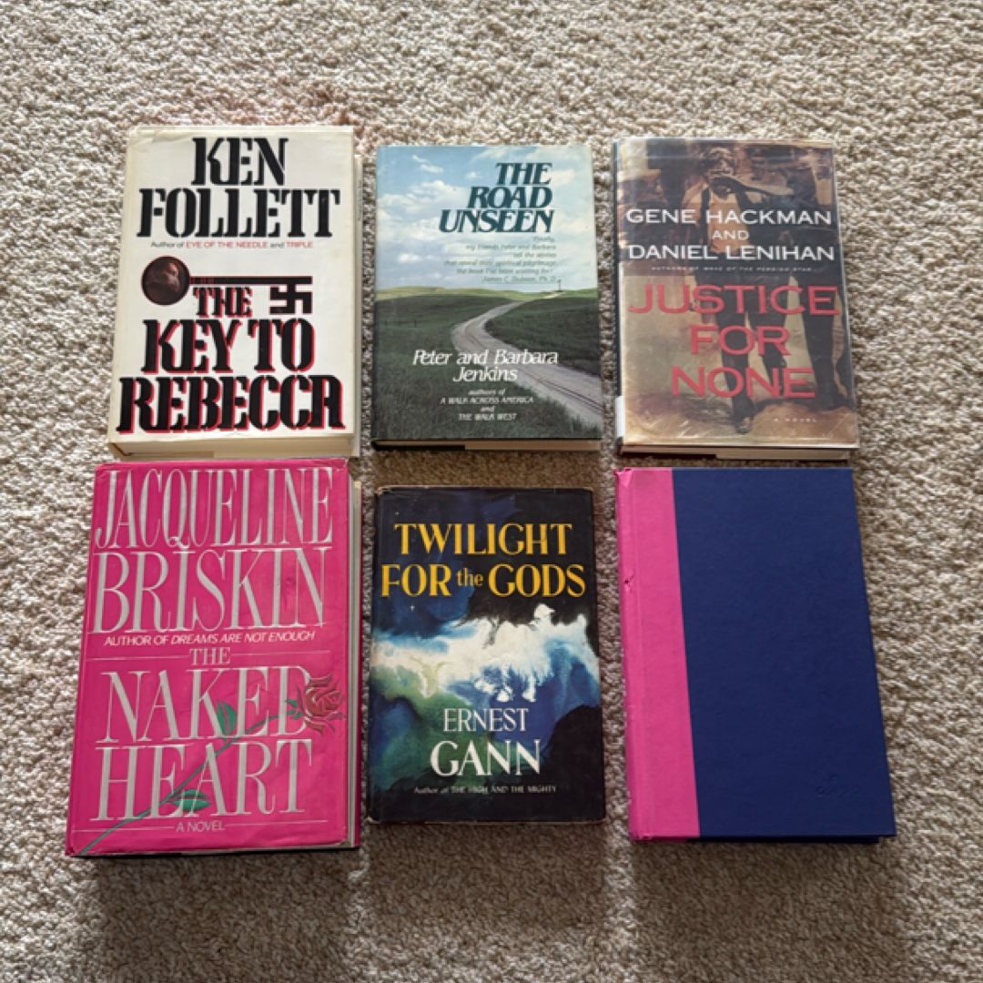 Historical Fiction BUNDLE - Set of 6 books - The Key To Rebecca by Ken Follett - The Road Unseen by Peter and Barbara Jenkins - Justice for None by Gene Hackman and Daniel Lenihan - The Naked Heart by Jacqueline Briskin - Twilight for the Gods by Ernest Gann - Summer on the Bluffs by Sunny Hostin - ALL HARDCOVER