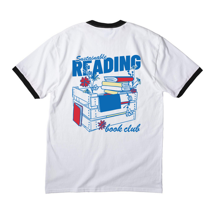 Sustainable Reading Book Club (back design) Cotton Ringer Tee in White/Jet Black