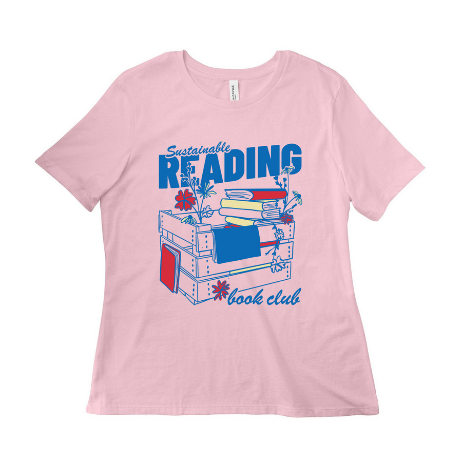 Sustainable Reading Book Club (front design) Women's Relaxed Cotton Tee in Pink