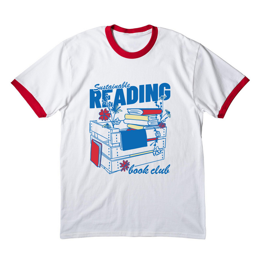 Sustainable Reading Book Club (front design) Cotton Ringer Tee in White/Red